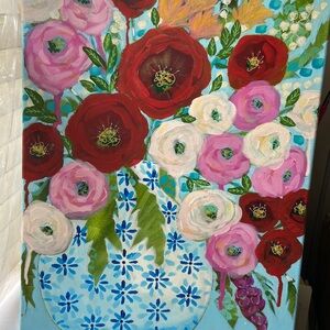 Abstract Floral Acrylic Painting 16 X 20" Colorful Red and Pink Flowers